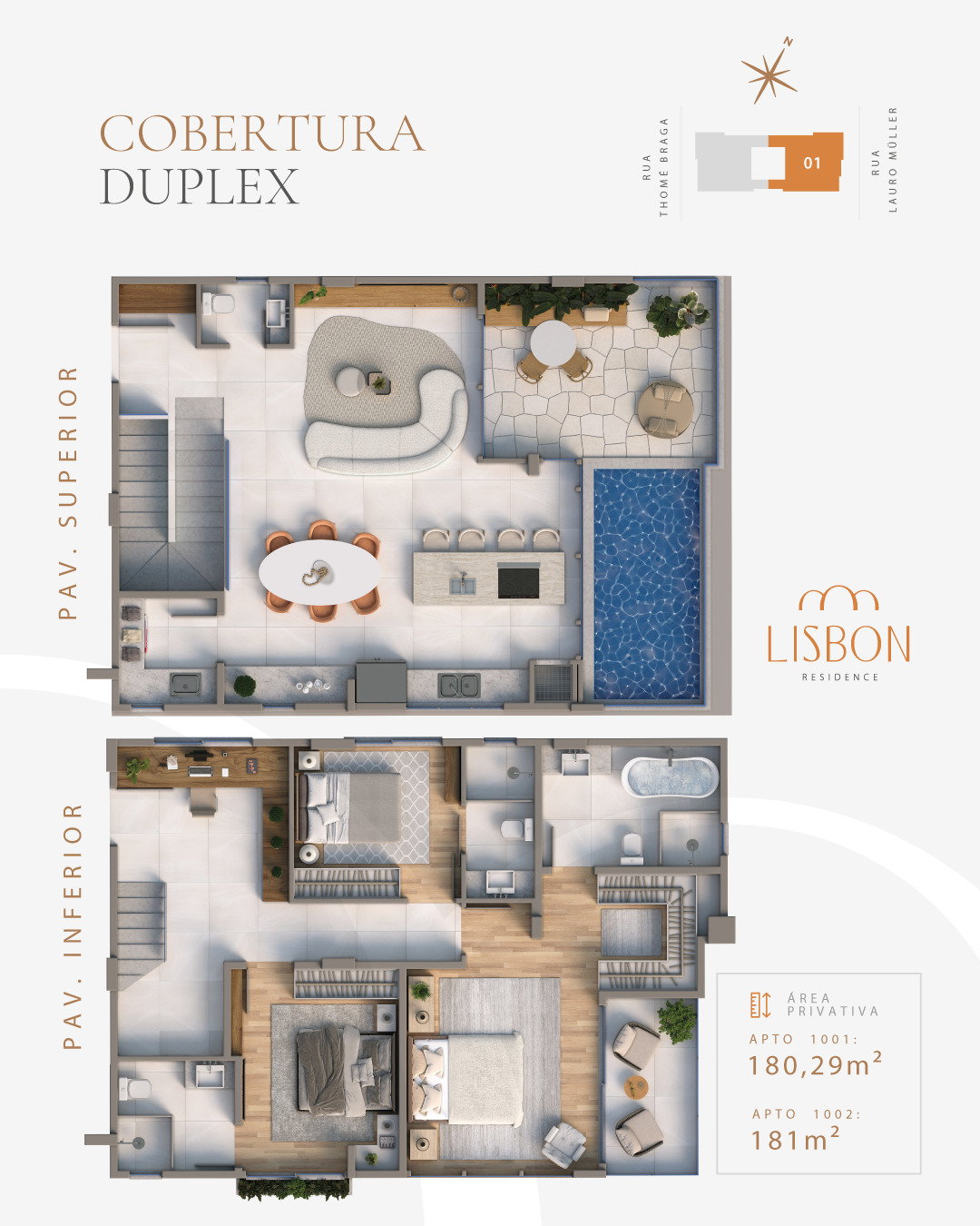 Planta Cobertura Duplex, 181 m² do Lisbon Residence