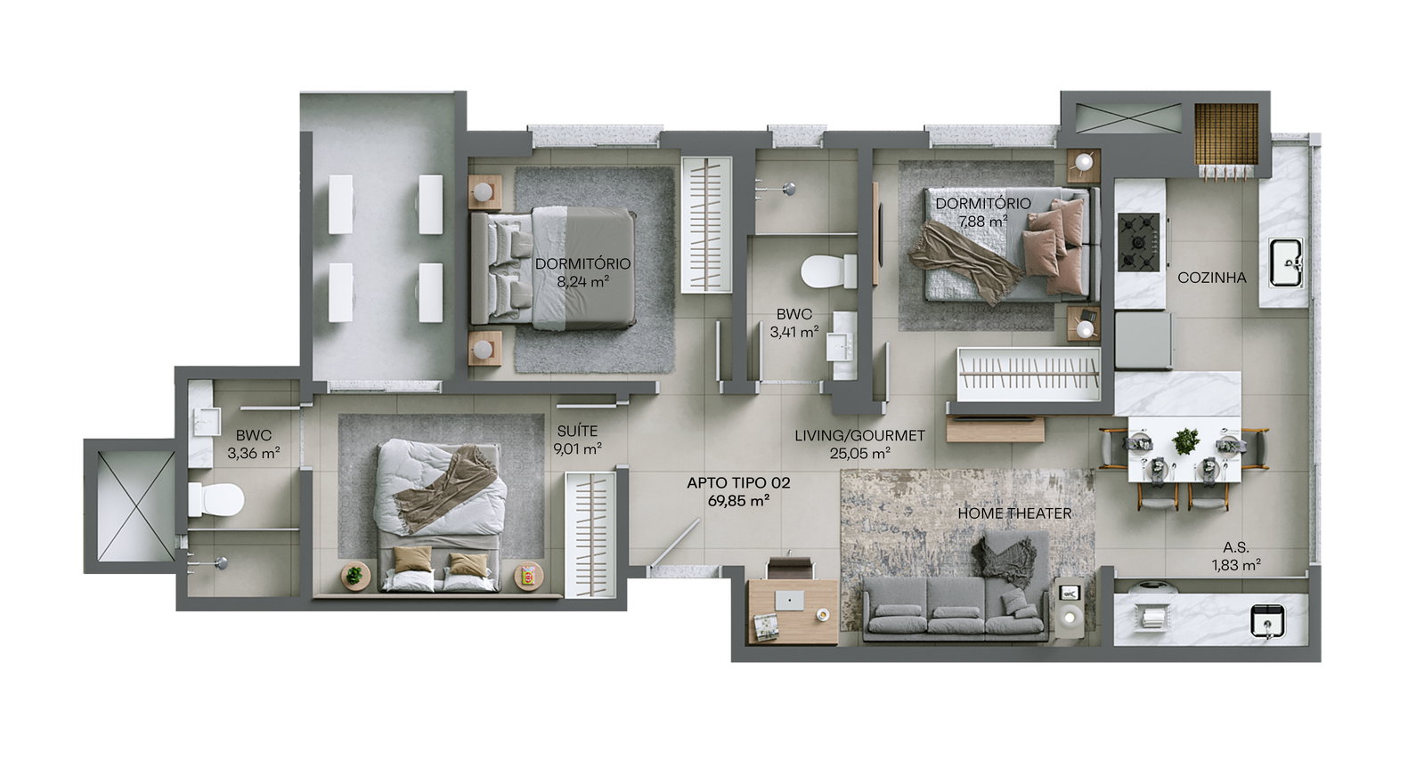 Planta Tipo 02, 70 m² do La Terrasse