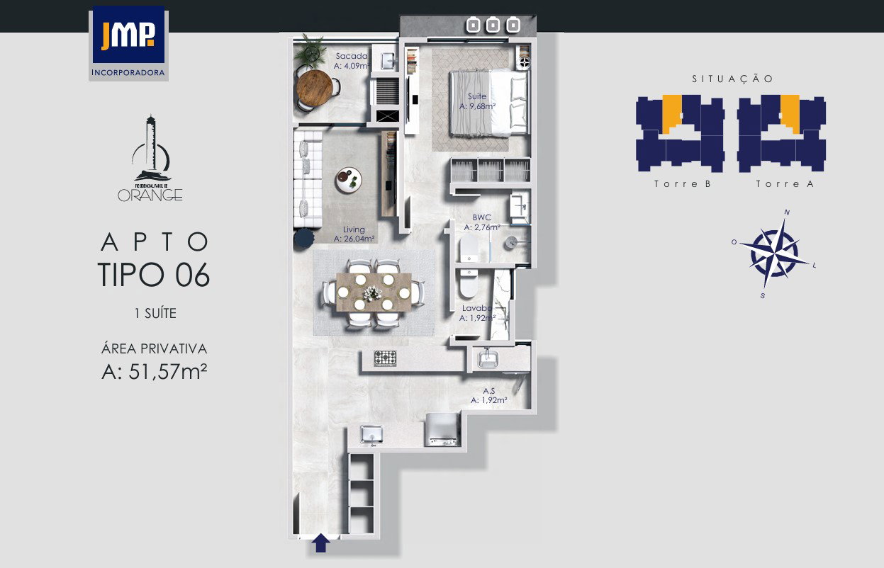 Planta Tipo 06, 1 suíte · 52 m² do Farol de Orange