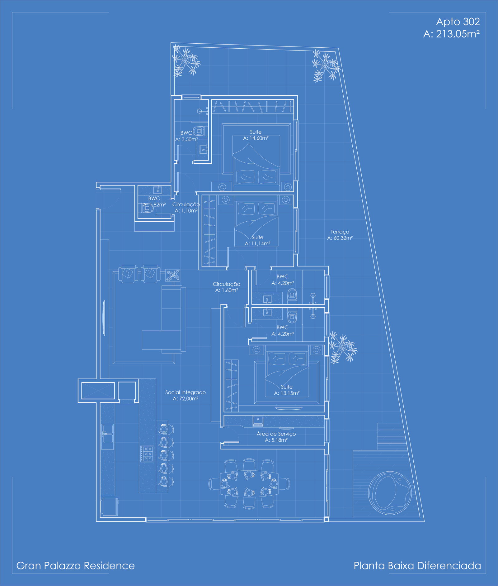 Planta Apto 302, 213 m² do Gran Palazzo