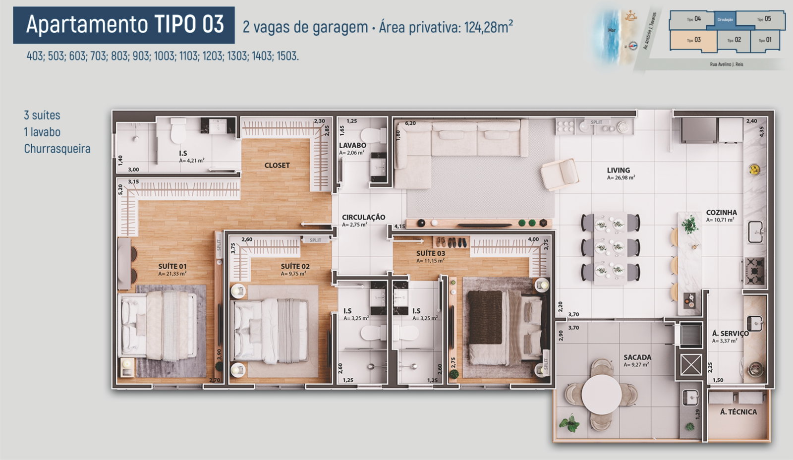 Planta Tipo 03, 3 suítes · 124 m² do Ilha de Capri