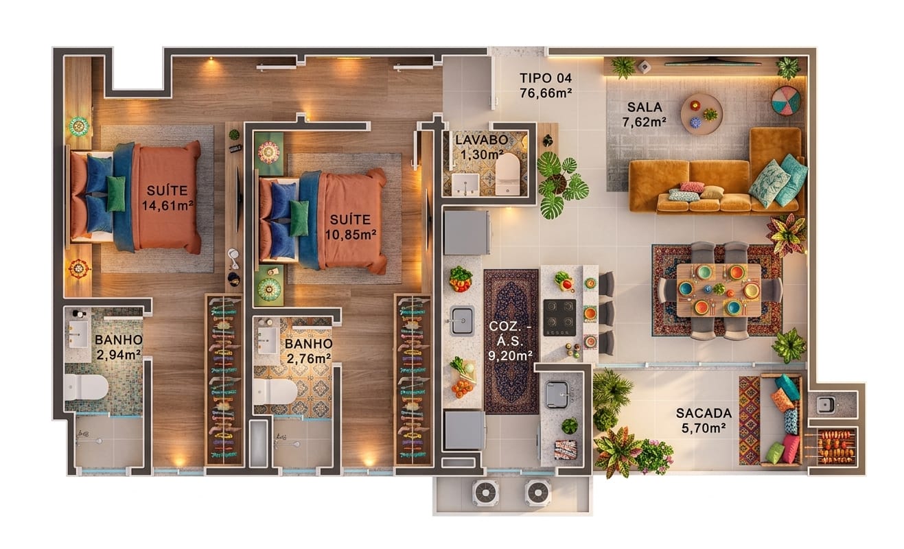 Planta Tipo 04 (2 de 2), 77 m² do Imperador