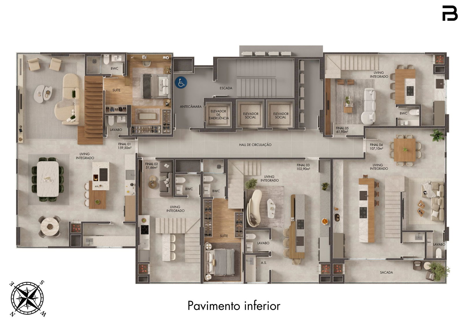 Planta Pavimento inferior (1 de 2) do Breeze Towers
