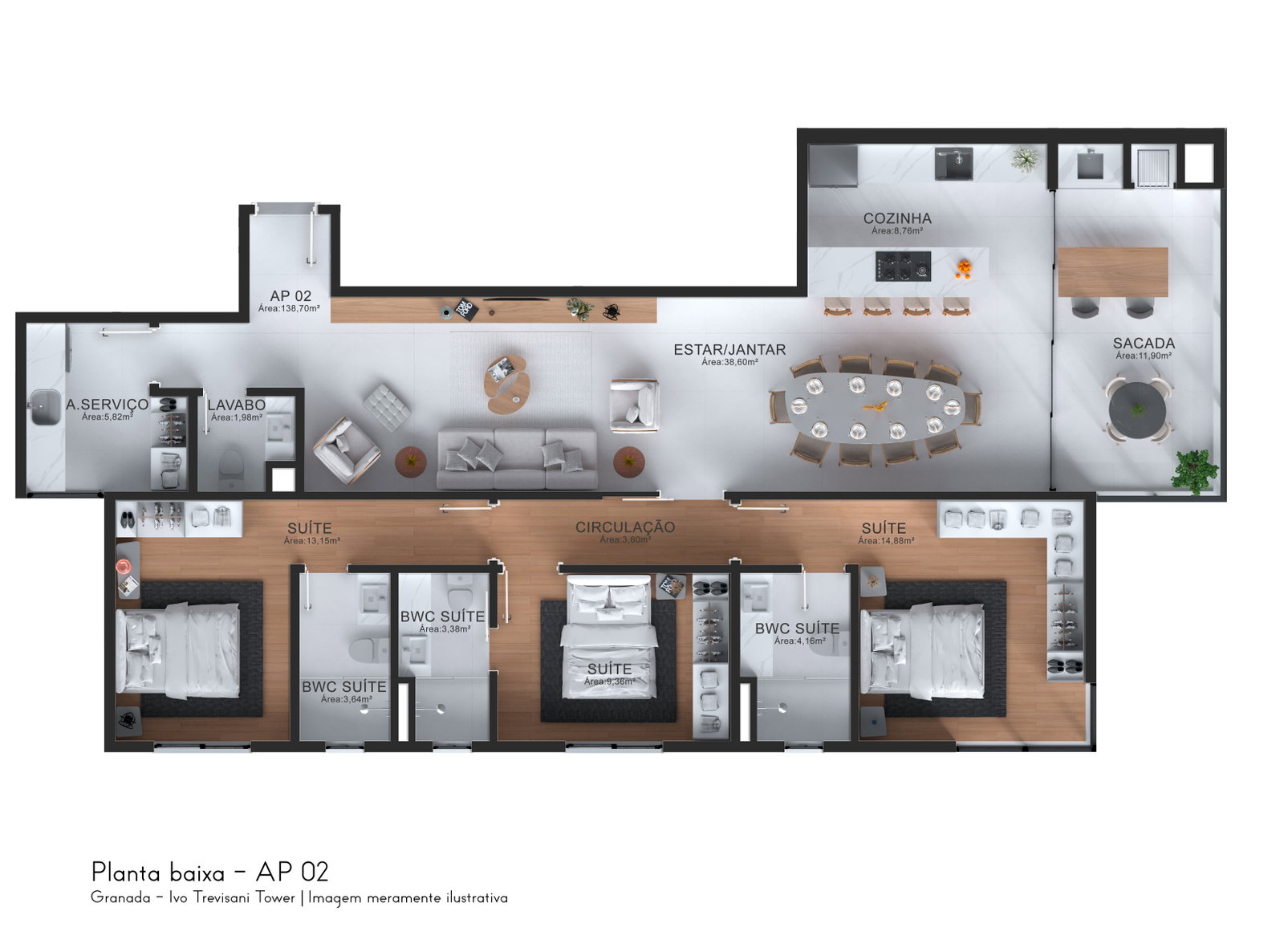 Planta AP 02, 139 m² do Ivo Trevisani Tower