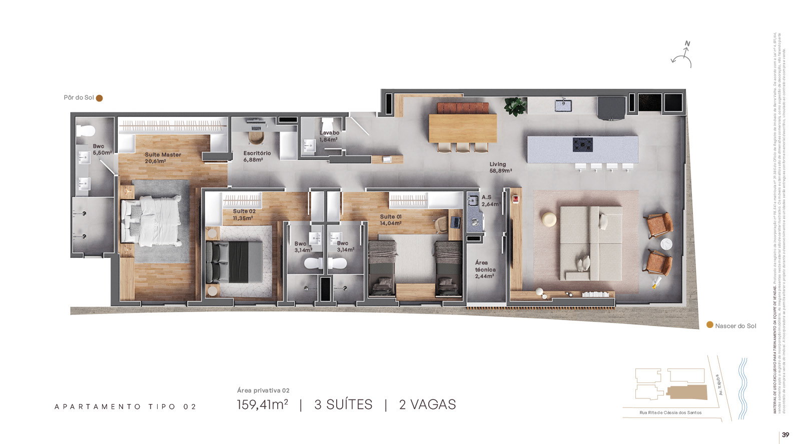Planta Tipo 02, 3 suítes · 159 m² do Grant Vista