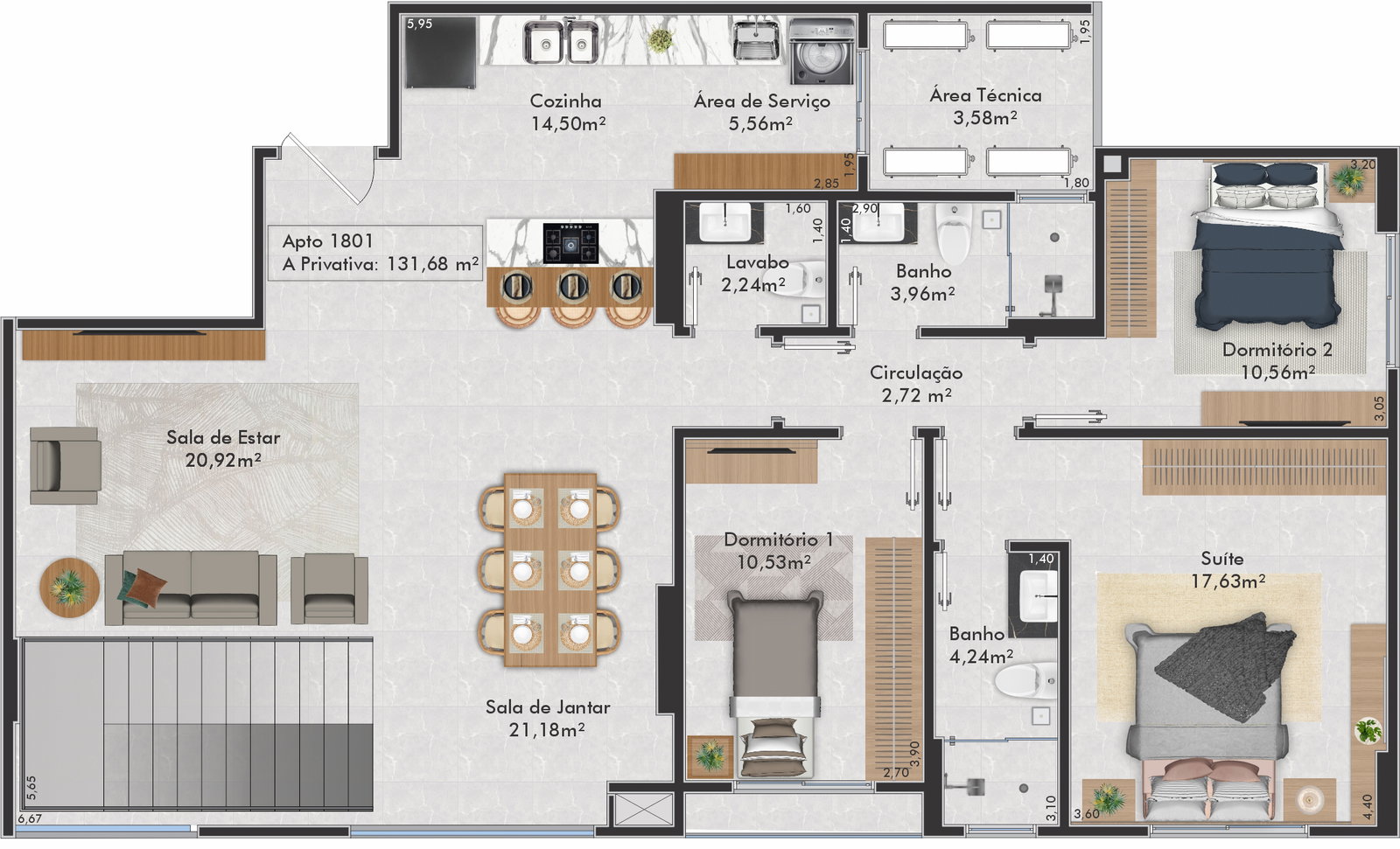Planta Apto 1801, 132 m² do Gran Palazzo Residence