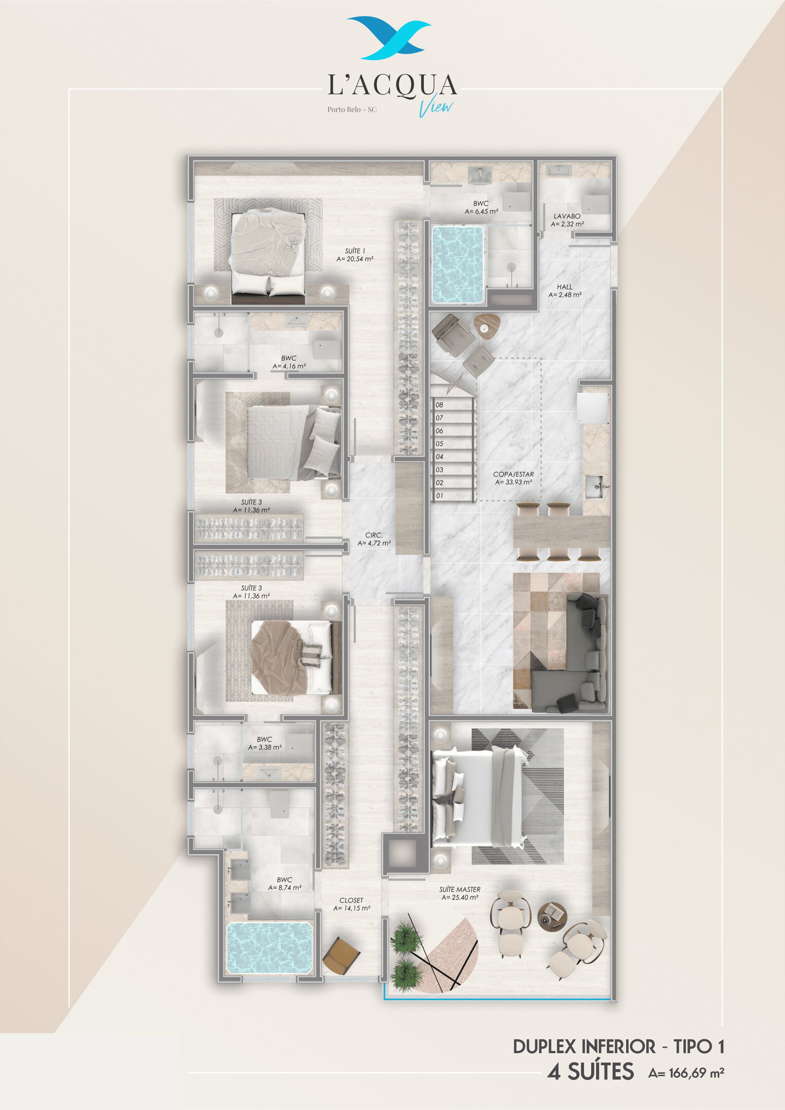 Planta Duplex Inferior - Tipo 1, 4 suítes · 167 m² do L'Acqua View