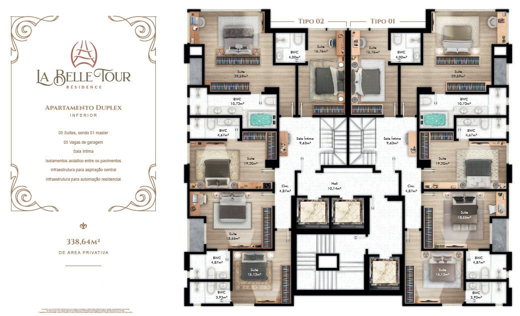 Planta Duplex Inferior, 5 suítes · 339 m² do La Belle Tour