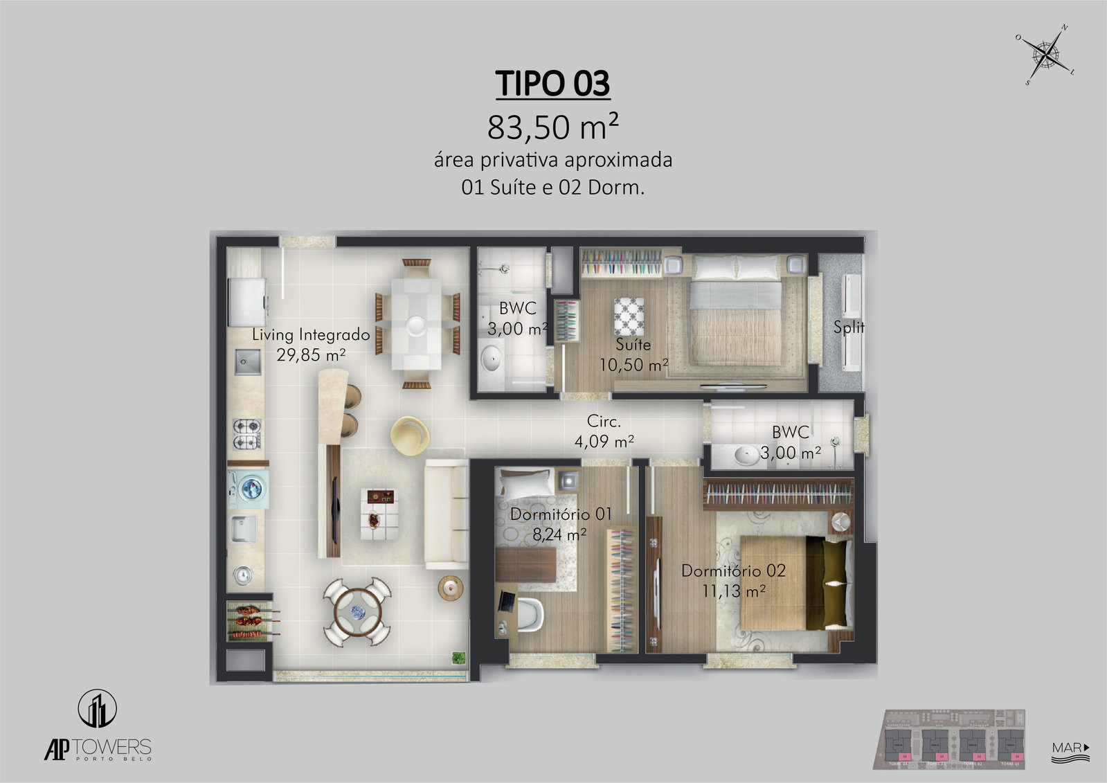 Planta Tipo 03, 3 dormitórios · 1 suíte · 84 m² do AP Towers Porto Belo - Fase 01