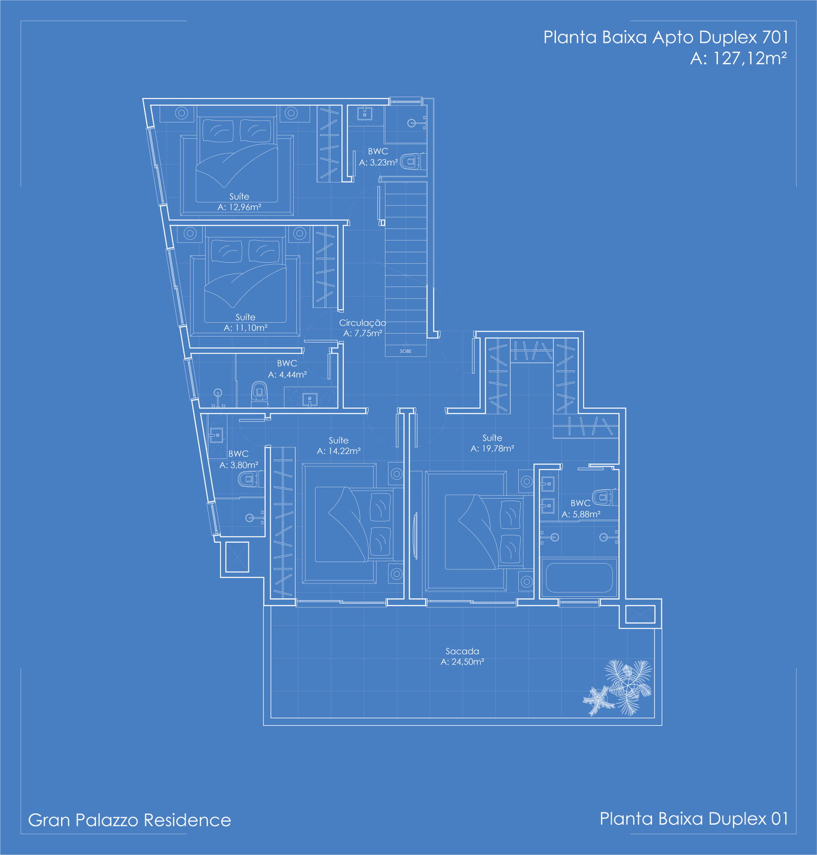 Planta Duplex 701, 127 m² do Gran Palazzo