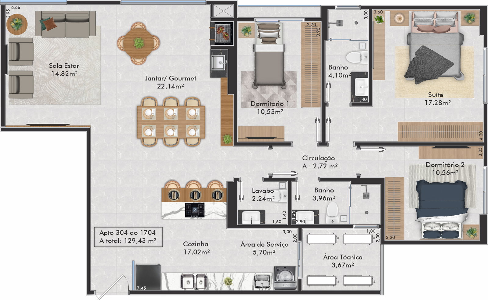 Planta Apto 304 ao 1704, 129 m² do Gran Palazzo Residence