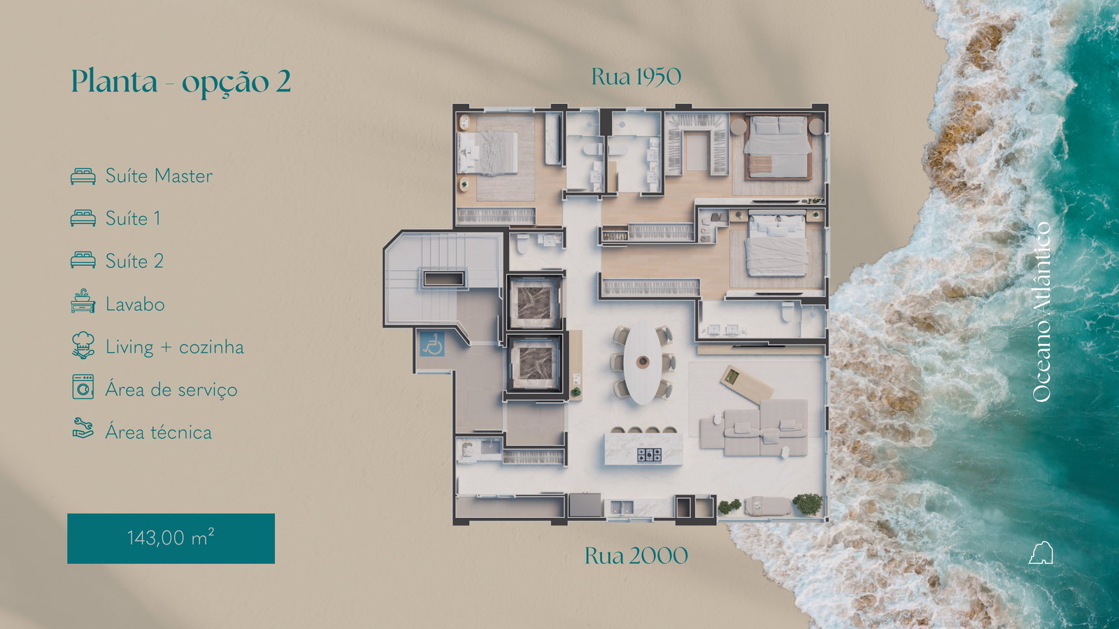 Planta opção 2, 3 suítes · 143 m² do Isola di Capri