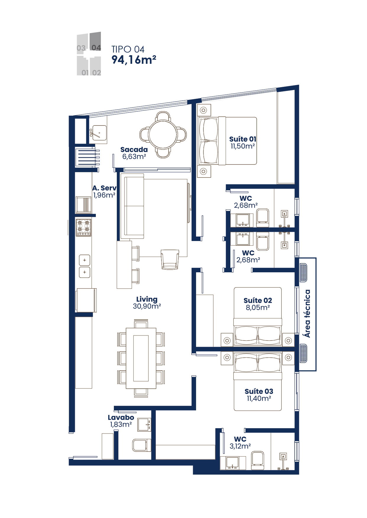 Planta Tipo 04, 94 m² do Amalfi Residence