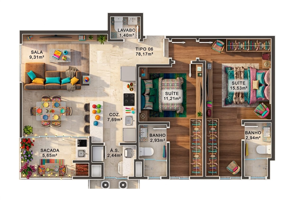 Planta Tipo 06 (2 de 2), 78 m² do Imperador