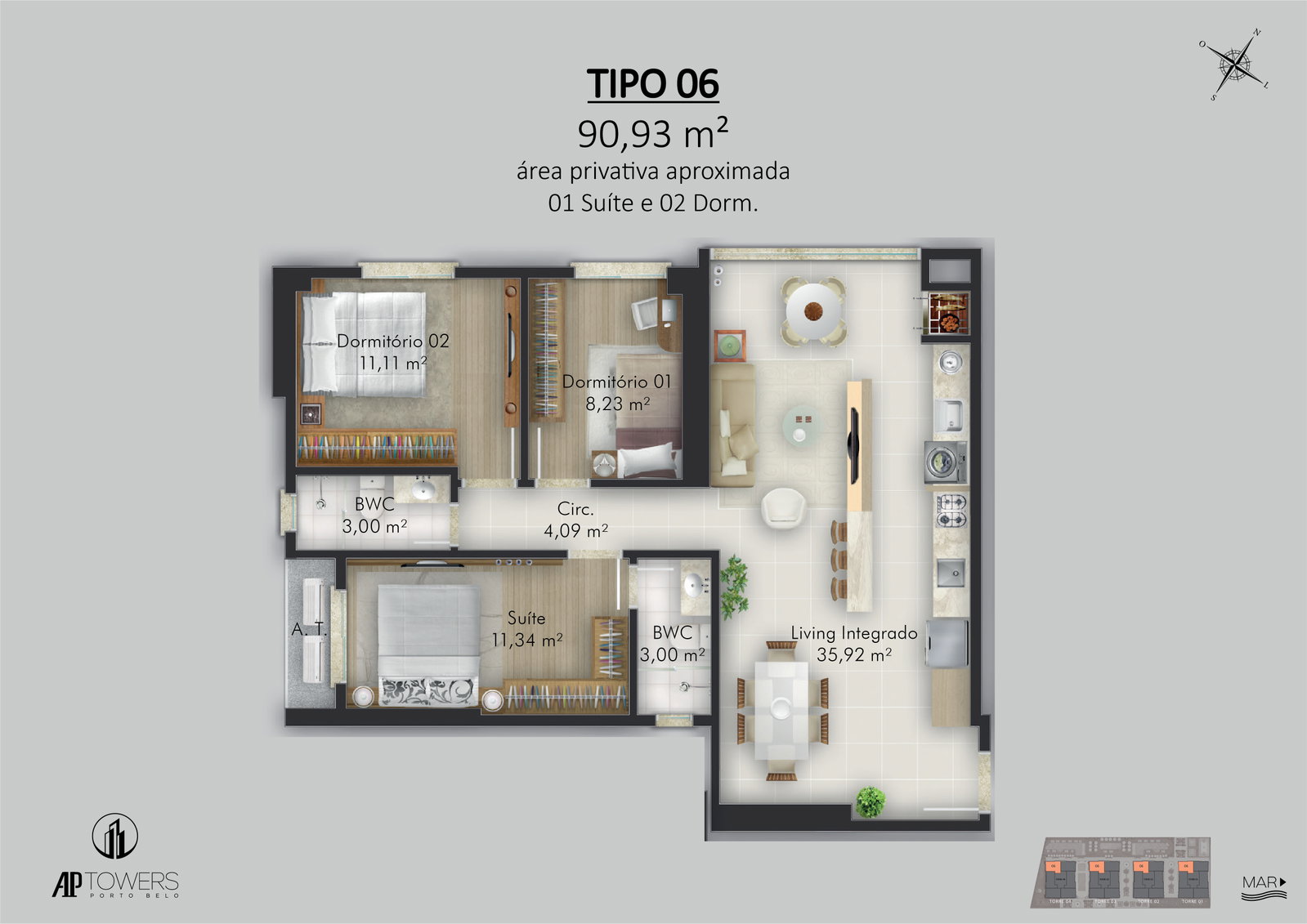 Planta Tipo 06, 3 dormitórios · 1 suíte · 91 m² do AP Towers Porto Belo - Fase 01
