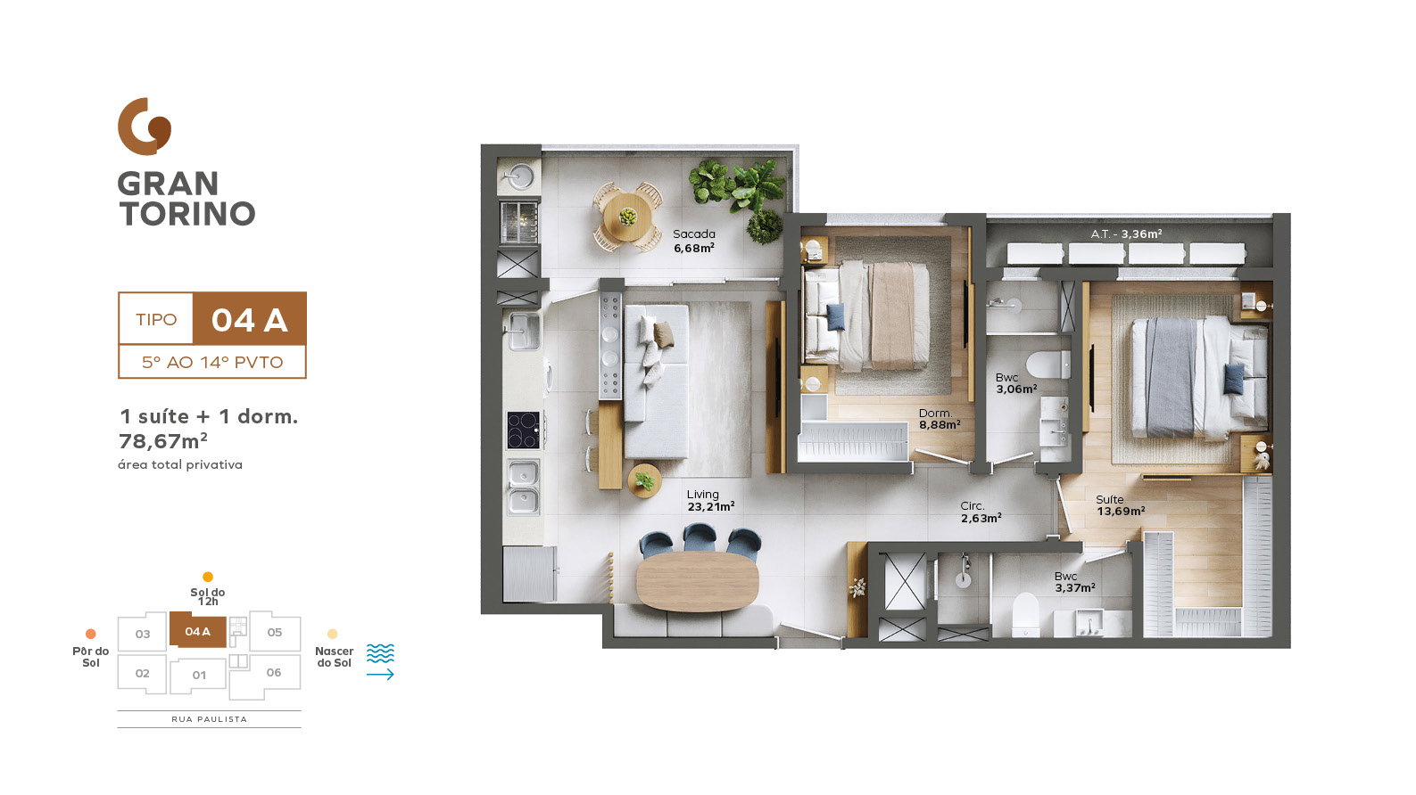 Planta Tipo 04 A, 2 dormitórios · 1 suíte · 79 m² do Gran Torino