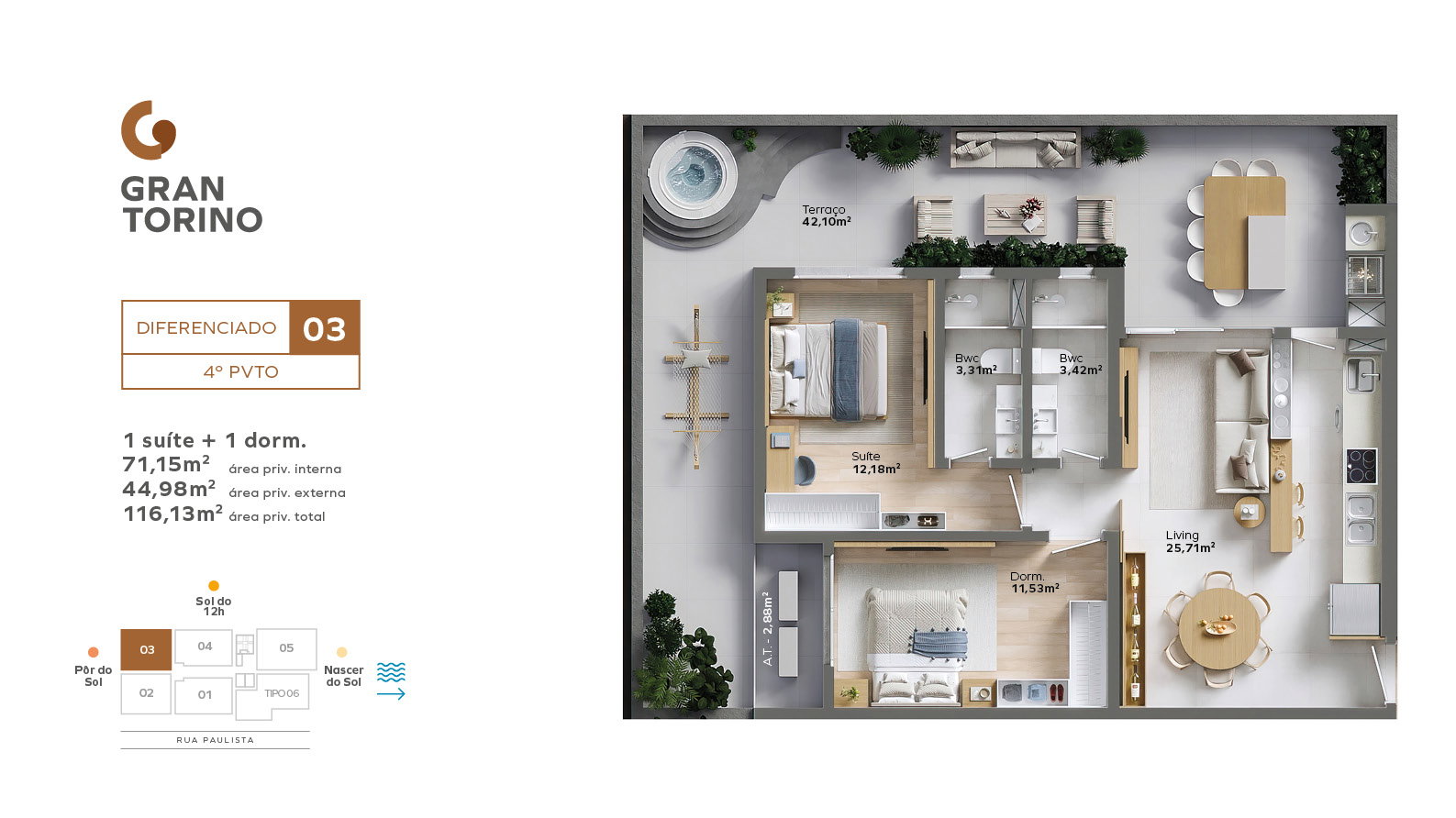 Planta Diferenciado 03, 2 dormitórios · 1 suíte · 71 m² do Gran Torino