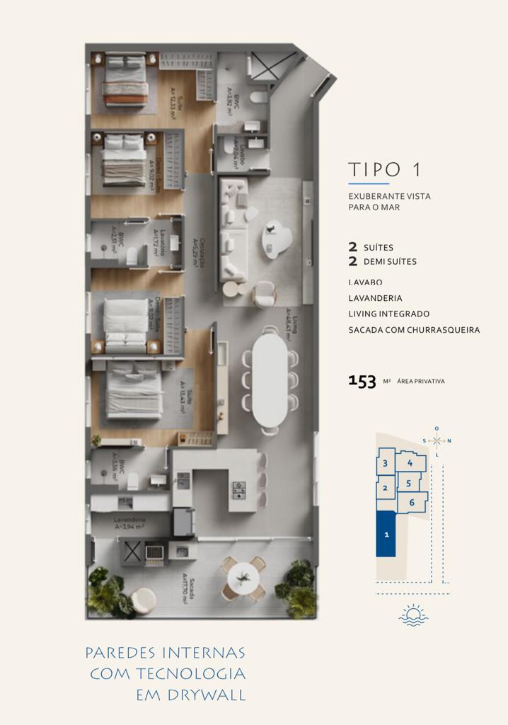Planta Tipo 1, 4 dormitórios · 2 suítes · 153 m² do Ametisst