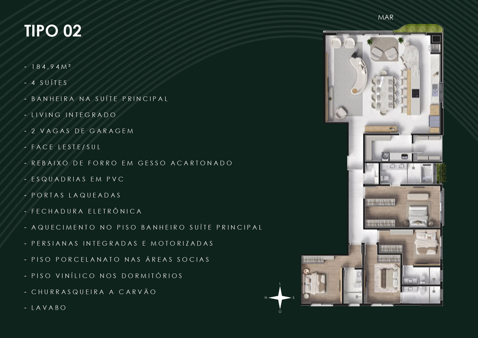Planta Tipo 02, 4 suítes · 185 m² do Casa Giardino