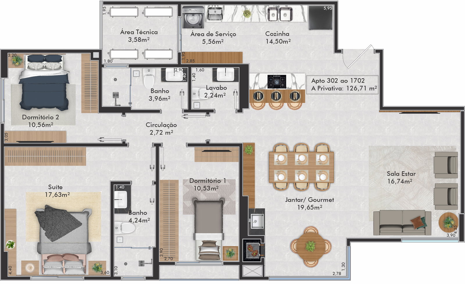 Planta Apto 302 ao 1702, 127 m² do Gran Palazzo Residence