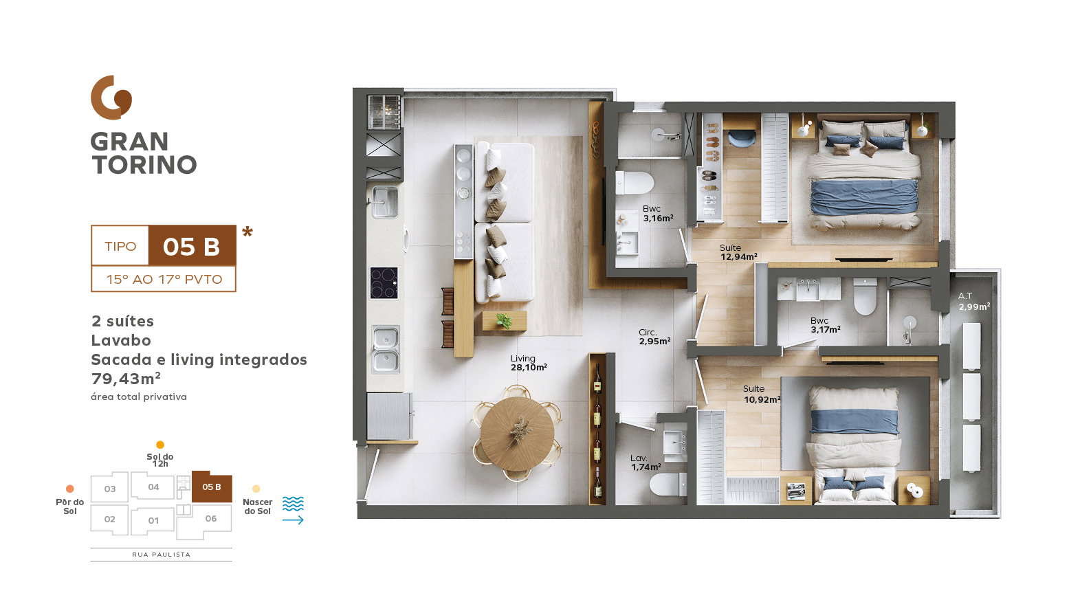 Planta Tipo 05 B, 2 suítes · 79 m² do Gran Torino