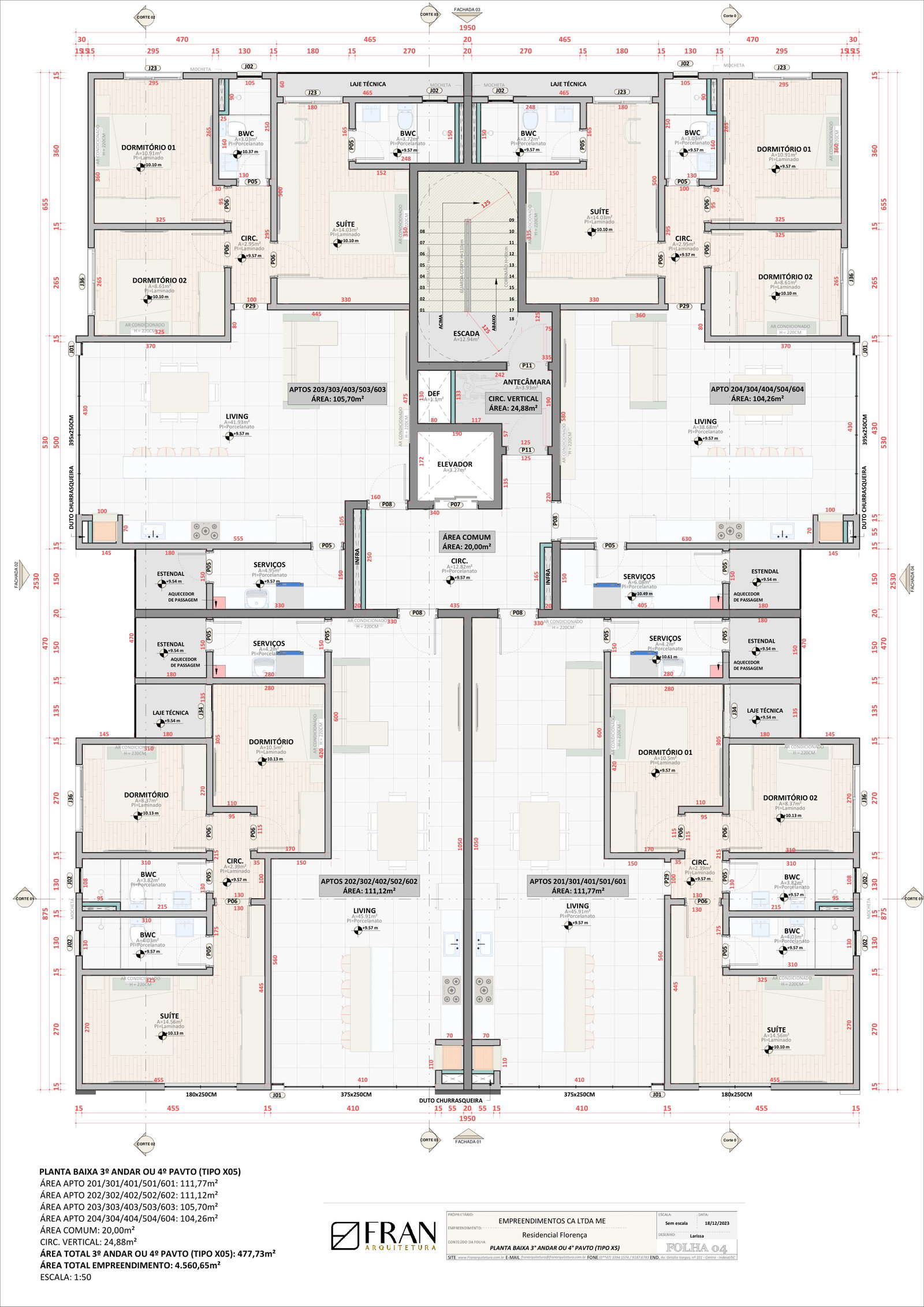 Planta 3º Andar ou 4º Pavimento (Tipo X05) do Edifício Florença
