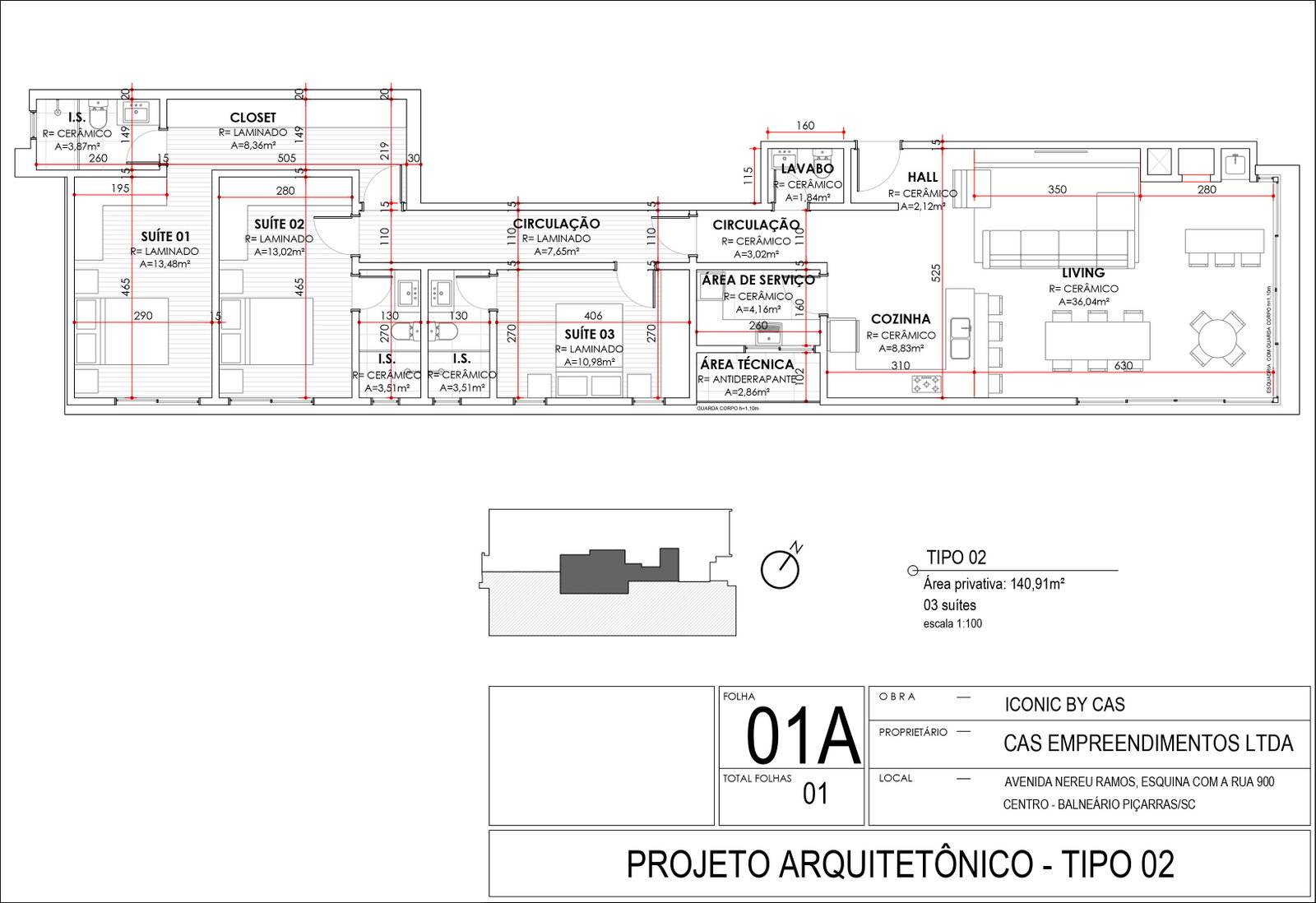 Planta Tipo 02, 3 suítes · 141 m² do Iconic
