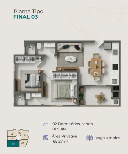 Planta Final 03, 2 dormitórios · 1 suíte · 68 m² do Avalon