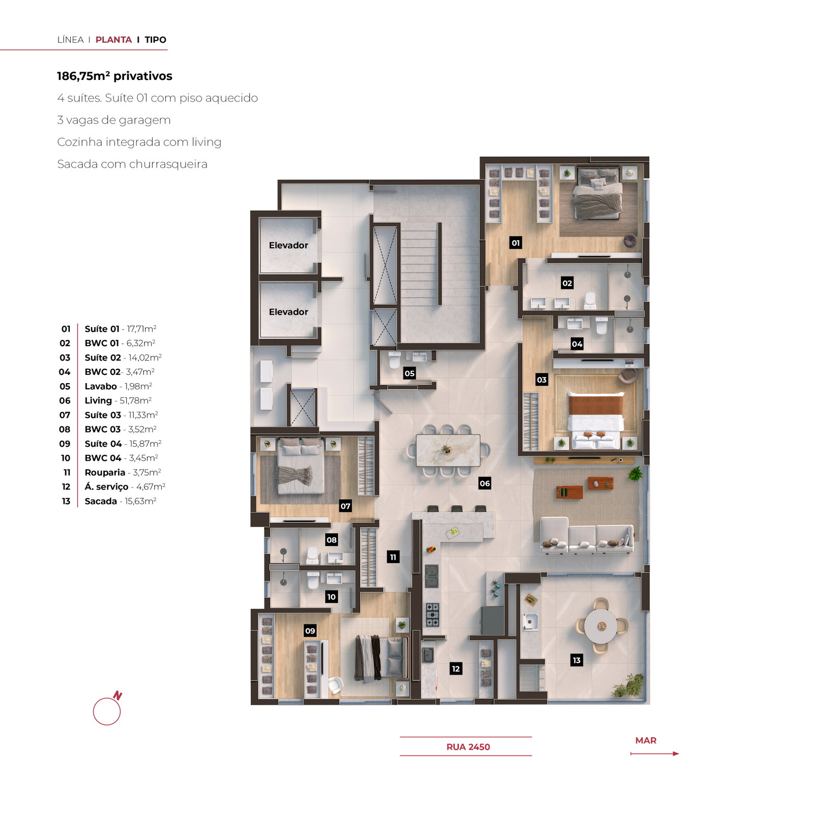 Planta Tipo, 4 suítes · 187 m² do Línea
