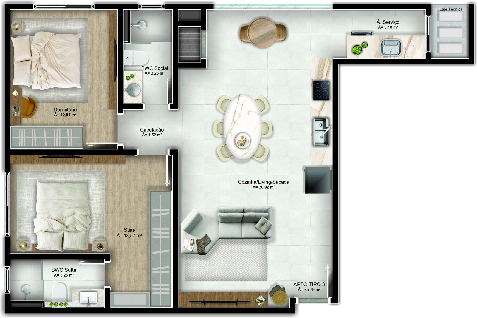 Planta Tipo 3, 76 m² do Eleganza Tower