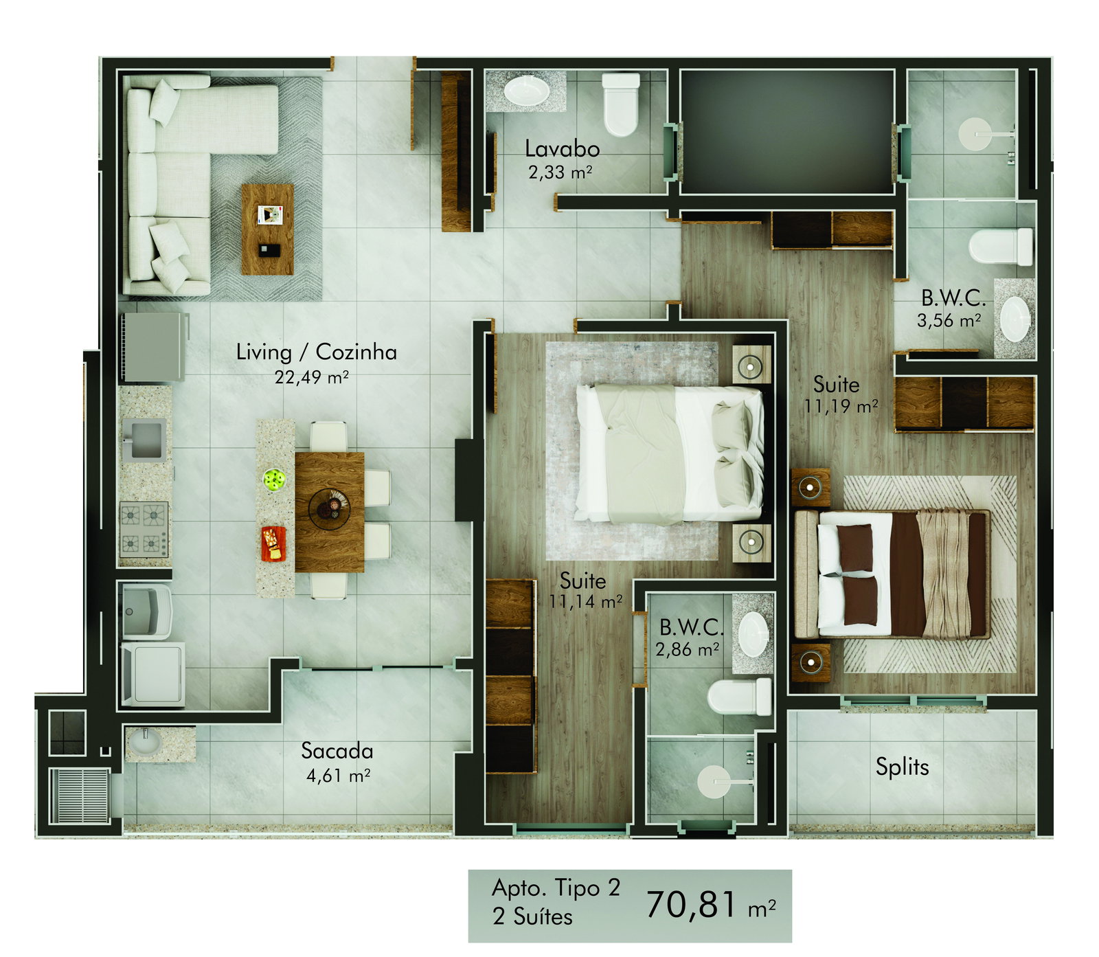 Planta Tipo 2, 2 suítes · 71 m² do Jardins de Sintra