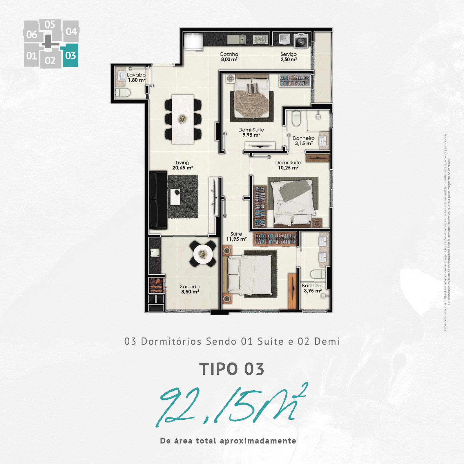 Planta Tipo 03, 3 dormitórios · 1 suíte · 92 m² do Fa Bene Residenza