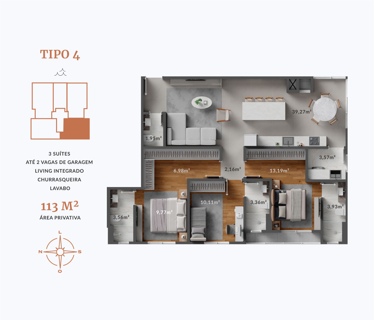 Planta Tipo 4, 3 suítes · 113 m² do Amber