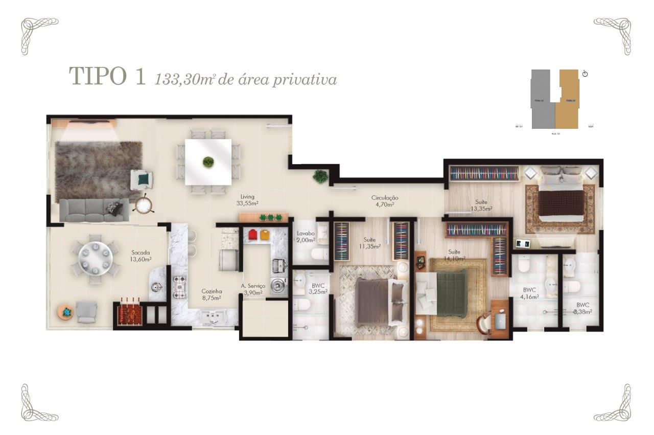 Planta Tipo 1, 133 m² do Le Premier