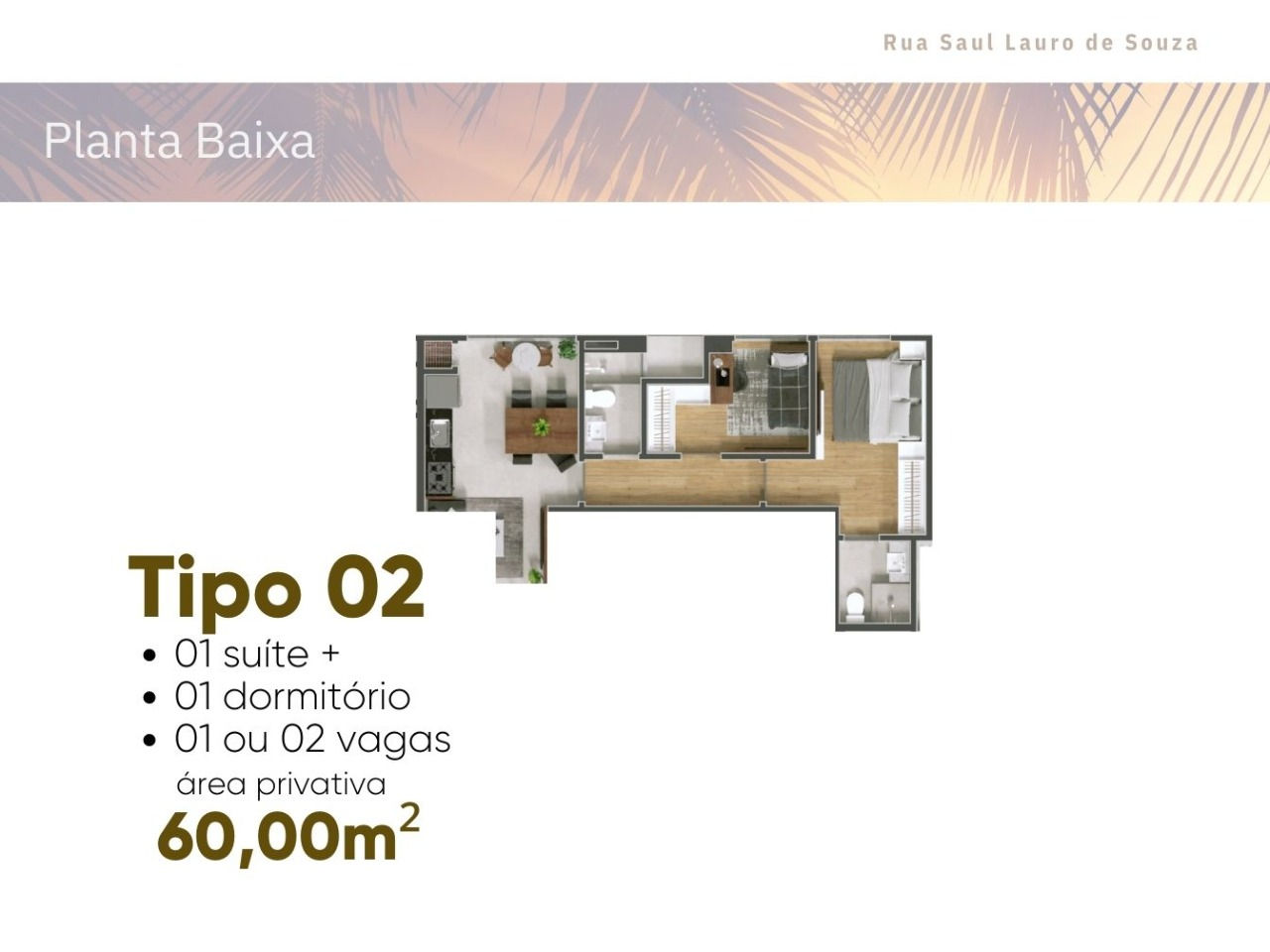 Planta Tipo 02, 2 dormitórios · 1 suíte · 60 m² do Atlantis Tower