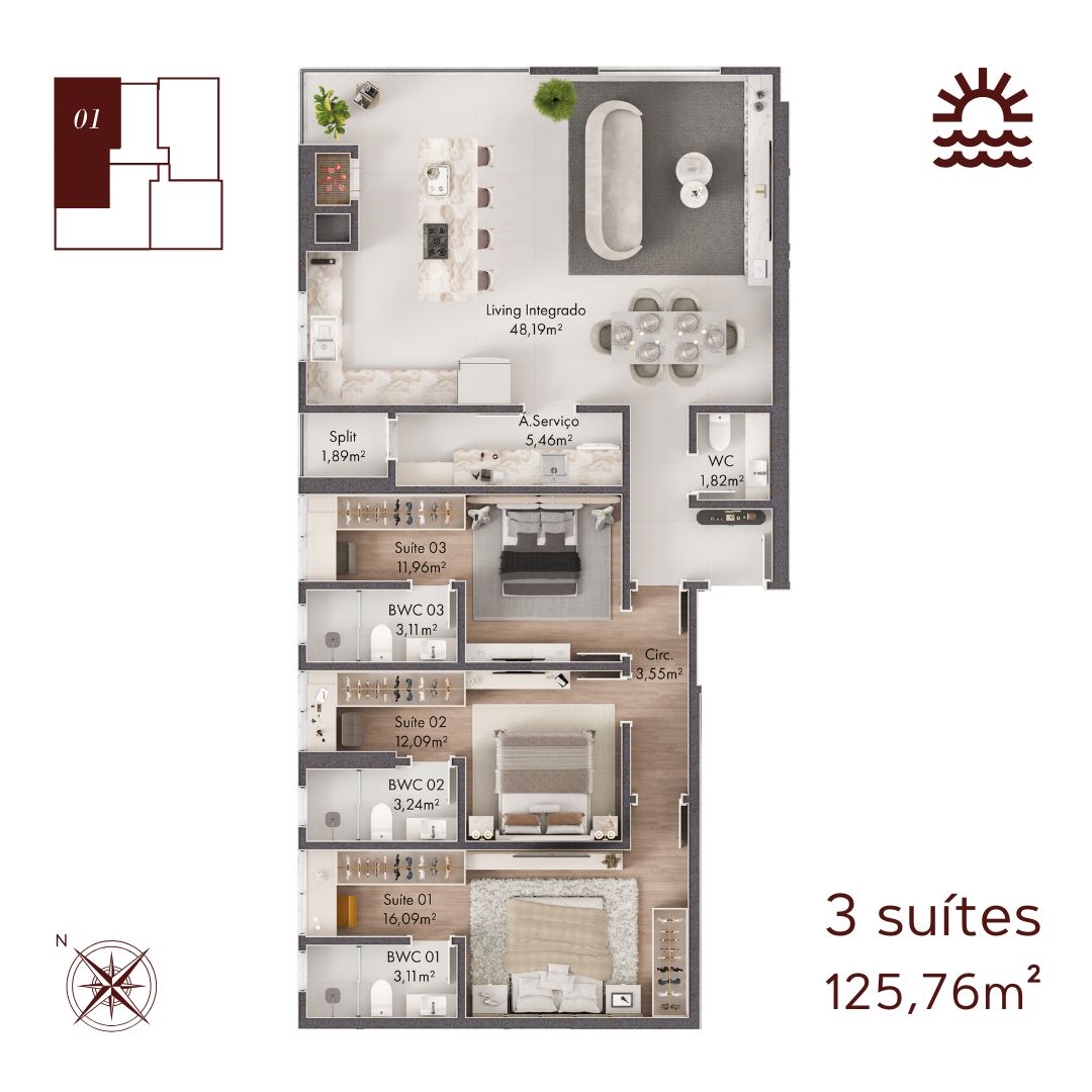 Planta Final 01, 3 suítes · 126 m² do Majestic View