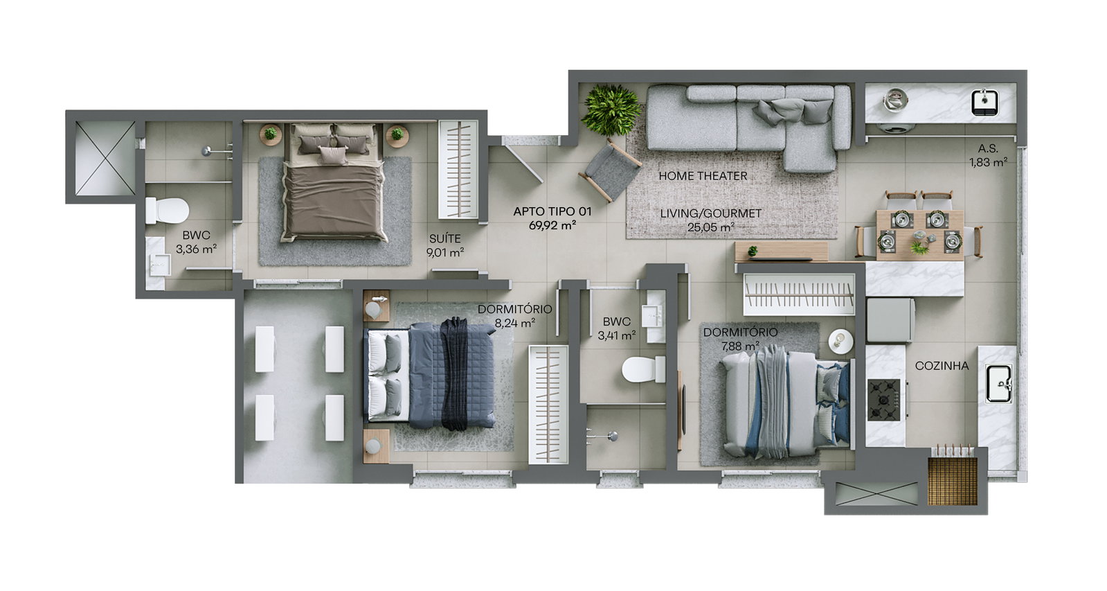 Planta Tipo 01, 70 m² do La Terrasse