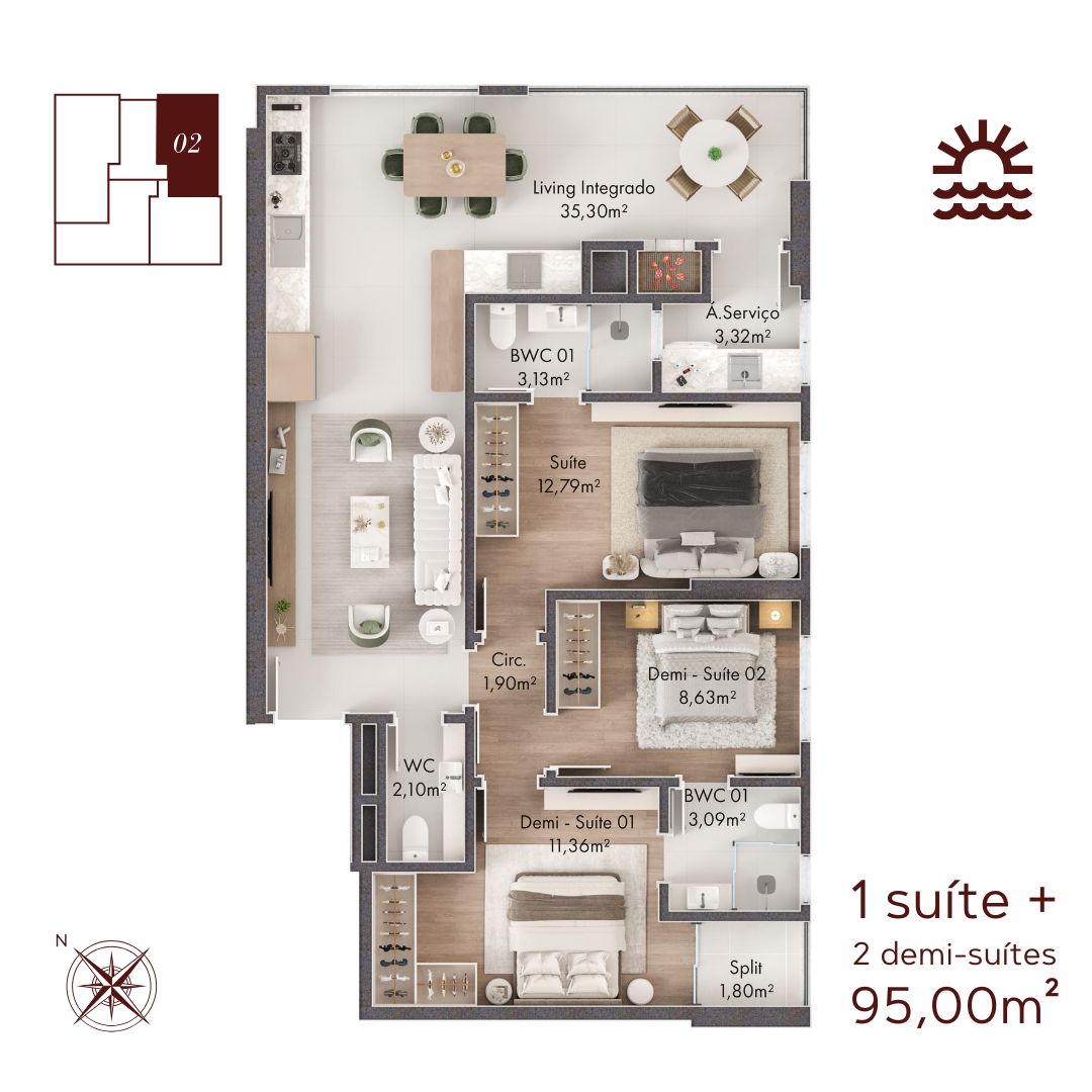 Planta Final 02, 3 dormitórios · 1 suíte · 95 m² do Majestic View