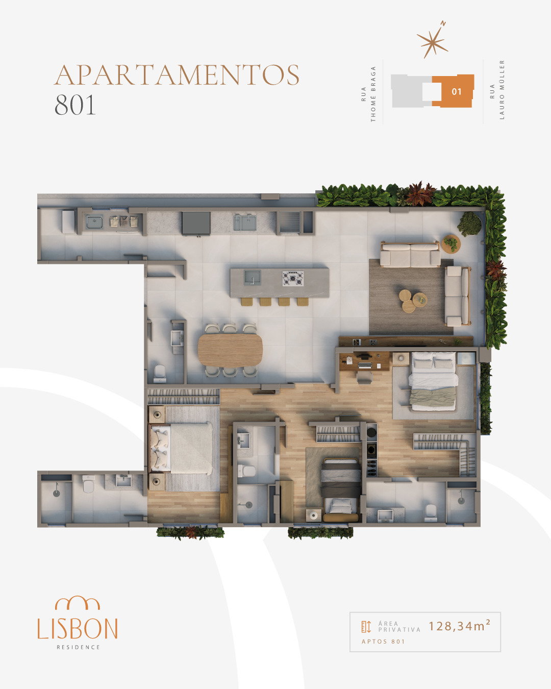 Planta Apto 801, 128 m² do Lisbon Residence