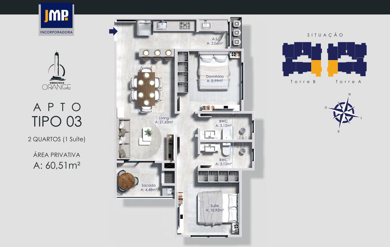 Planta Tipo 03, 2 dormitórios · 1 suíte · 61 m² do Farol de Orange