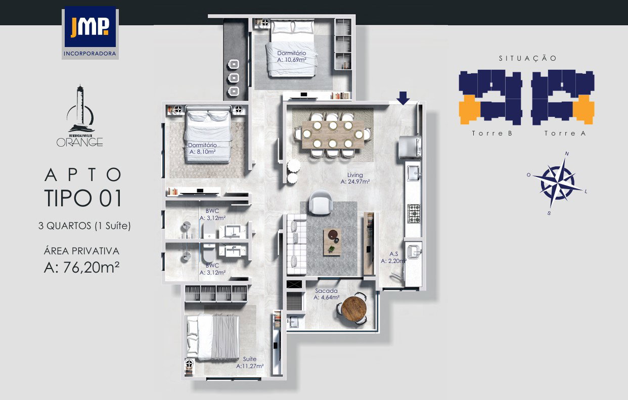Planta Tipo 01, 3 dormitórios · 1 suíte · 76 m² do Farol de Orange