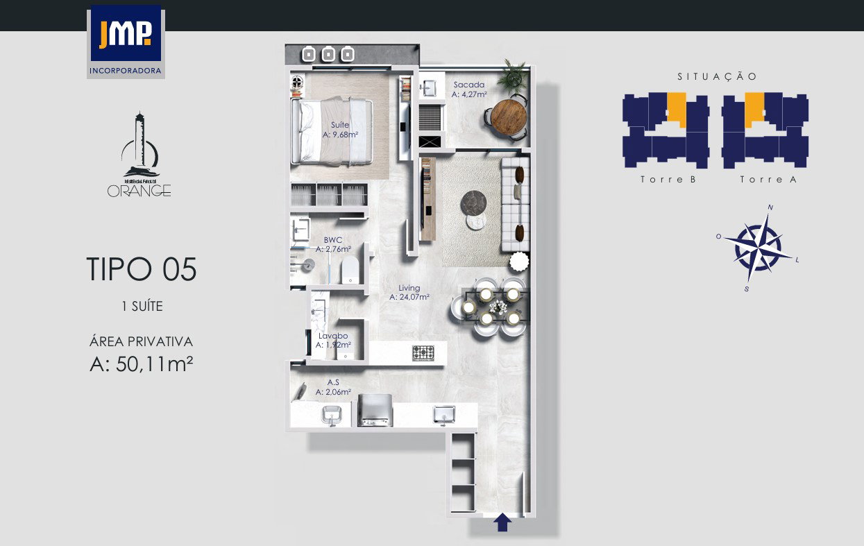 Planta Tipo 05, 1 suíte · 50 m² do Farol de Orange