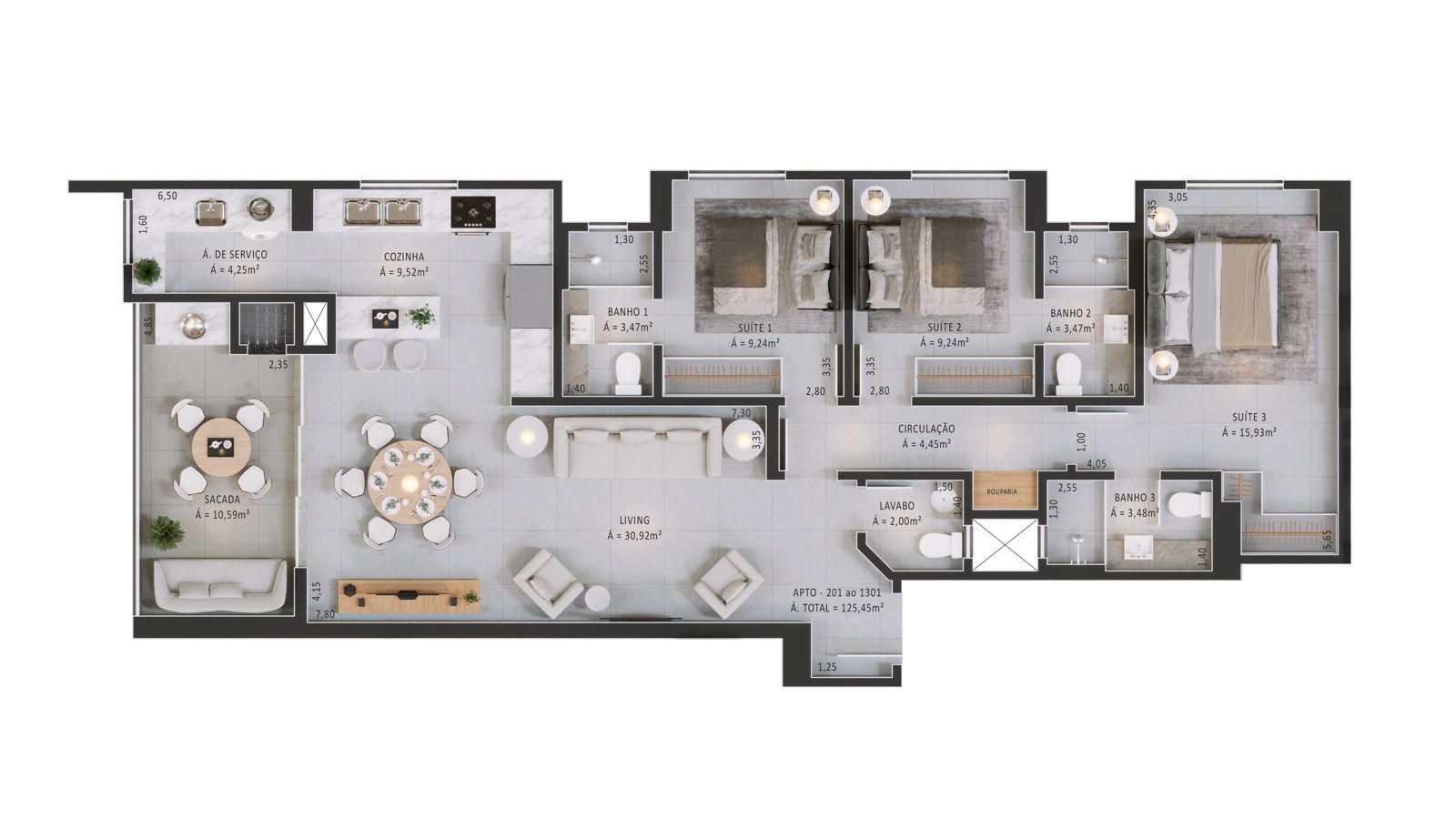Planta Apto 201 ao 1301, 125 m² do Horizon Residence