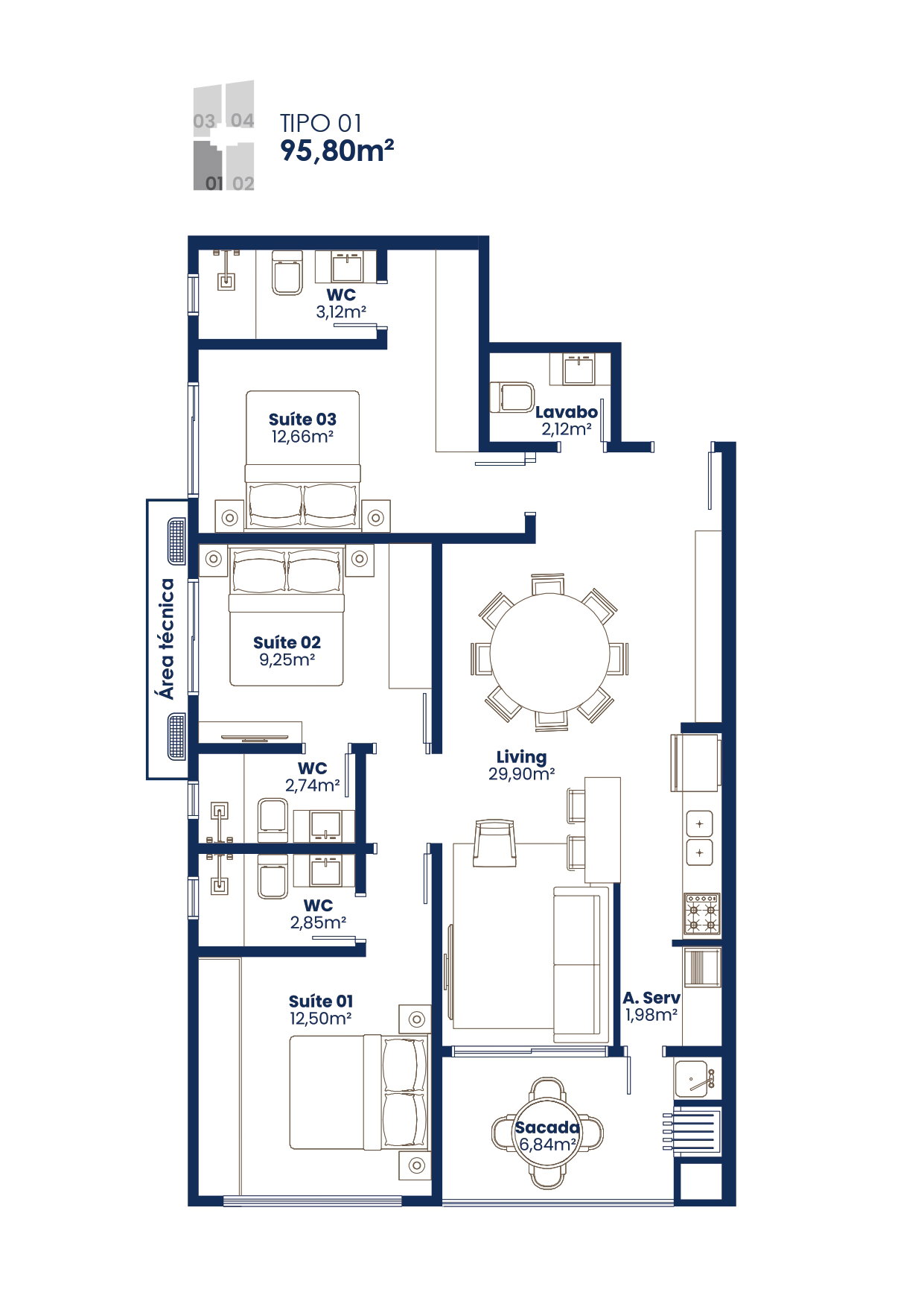 Planta Tipo 01, 96 m² do Amalfi Residence