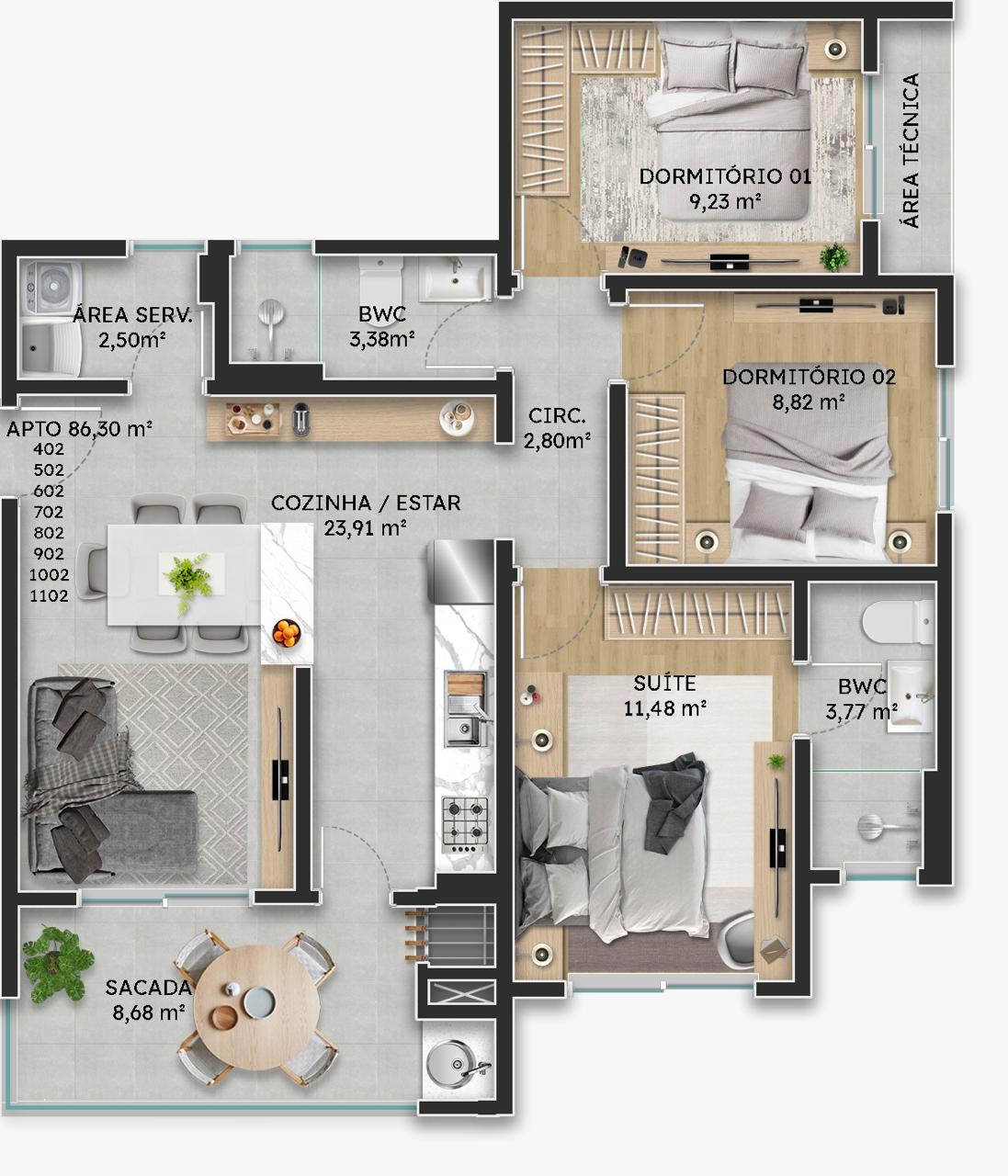 Planta Apto 86,30 m², 86 m² do Green Coast