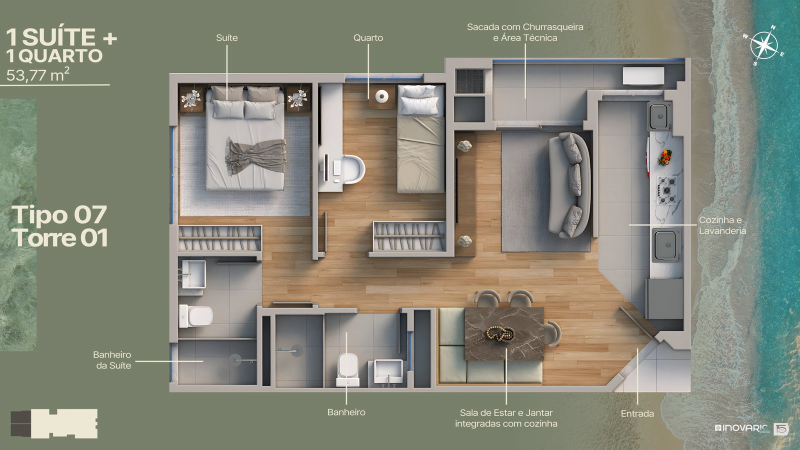 Planta Tipo 07 · Torre 1, 2 dormitórios · 1 suíte · 54 m² do Marine Itajuba