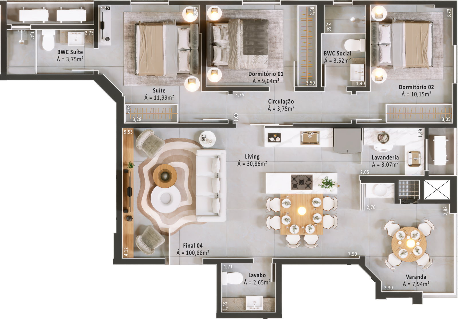 Planta Final 04, 101 m² do Harmony Residence