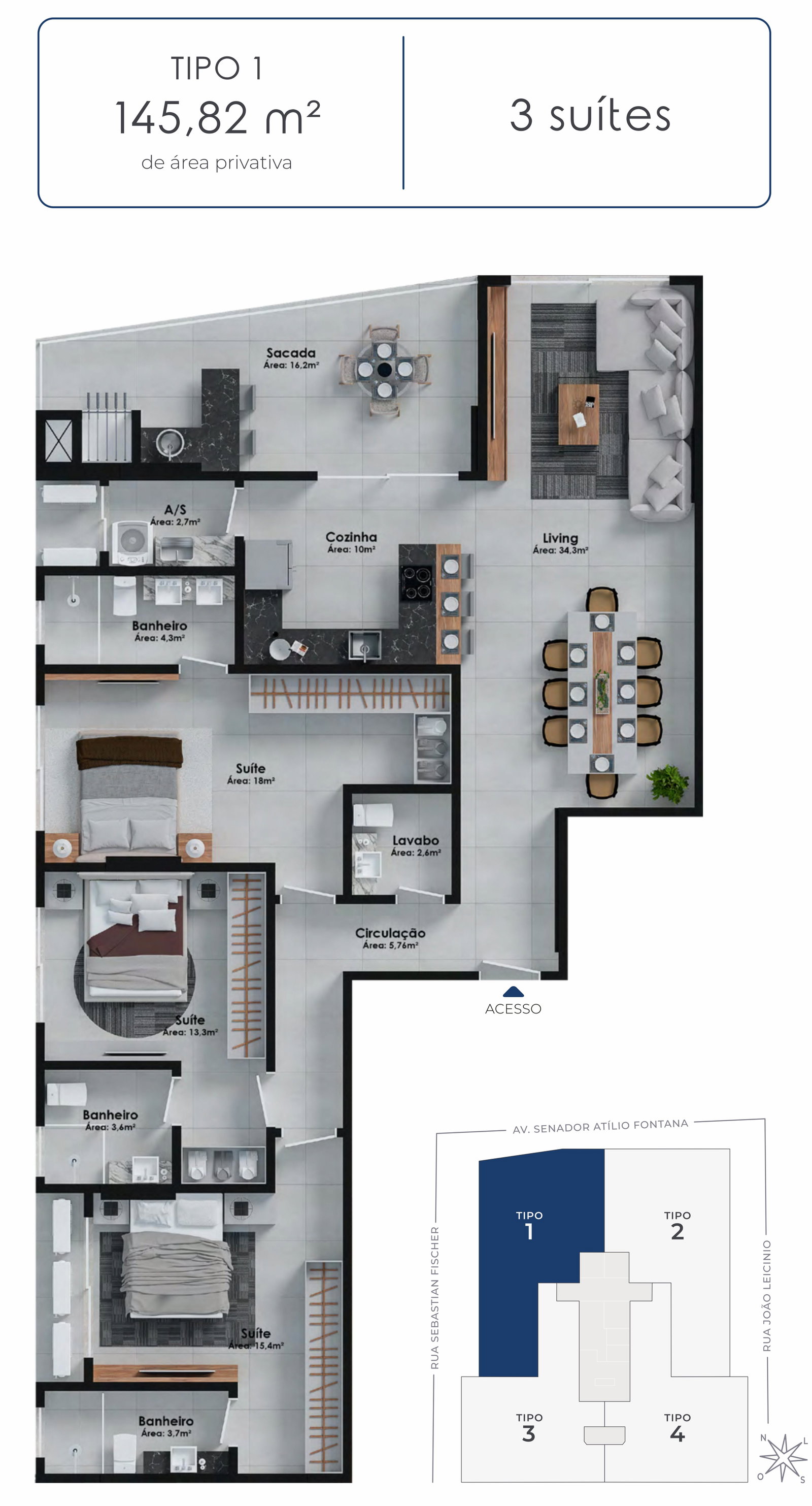 Planta Tipo 1, 3 suítes · 146 m² do Hudson Park