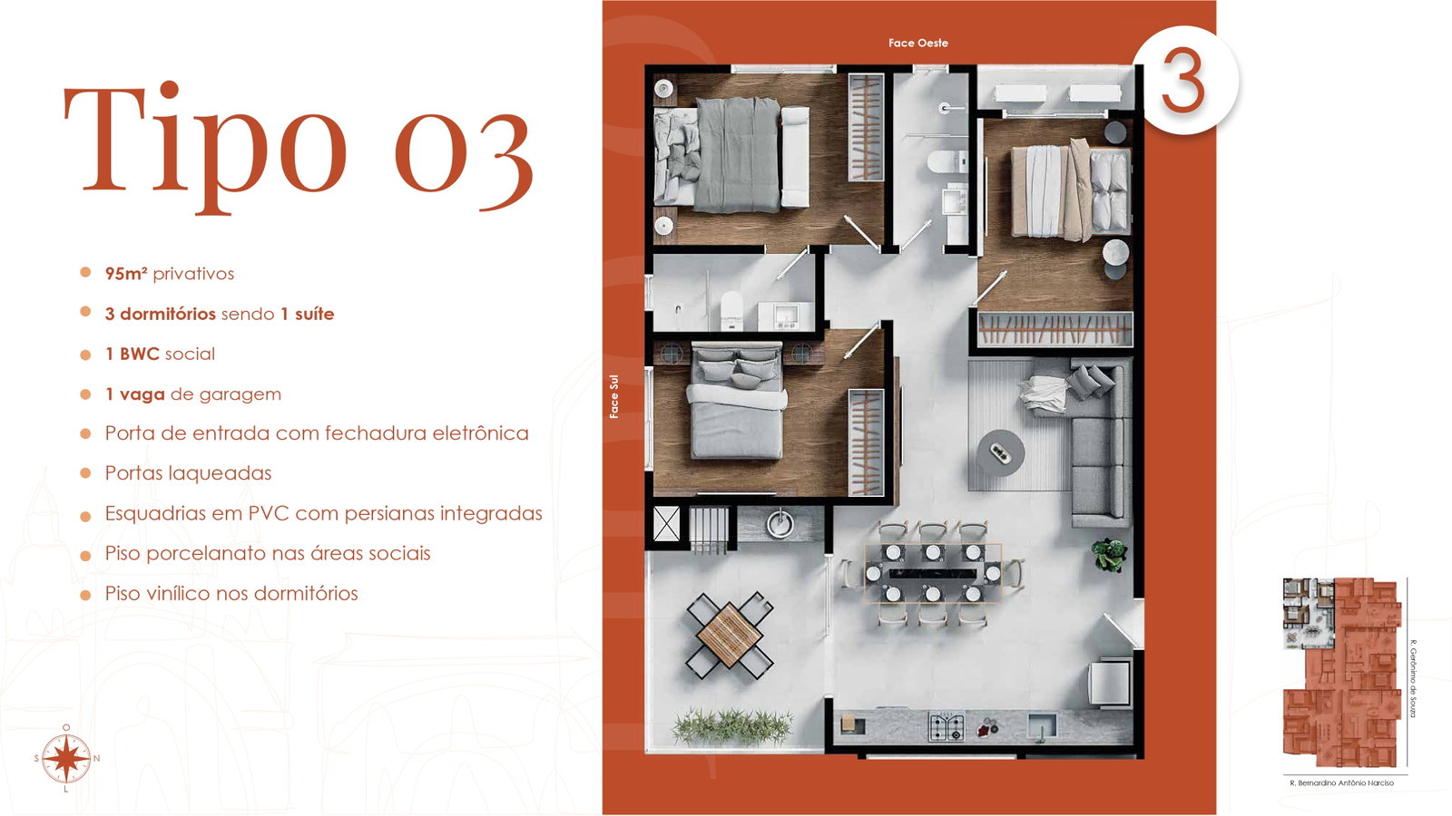 Planta Tipo 03, 3 dormitórios · 1 suíte · 95 m² do Cartagena