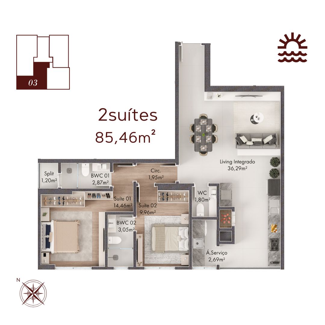 Planta Final 03, 2 suítes · 85 m² do Majestic View